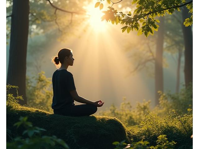 Person meditating in a forest at dawn