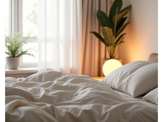 Cozy bedroom with soft light and plants
