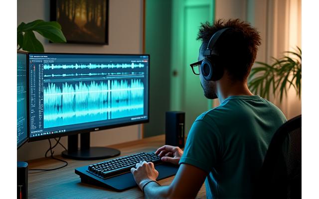 Audio engineer working on sound waves on a computer screen in a studio.