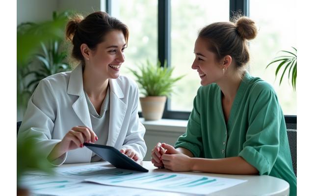 Wellness professionals discussing data in a modern office with charts.