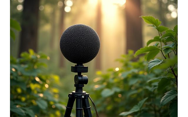 Specialized ambisonic microphone setup in a misty forest at dawn.