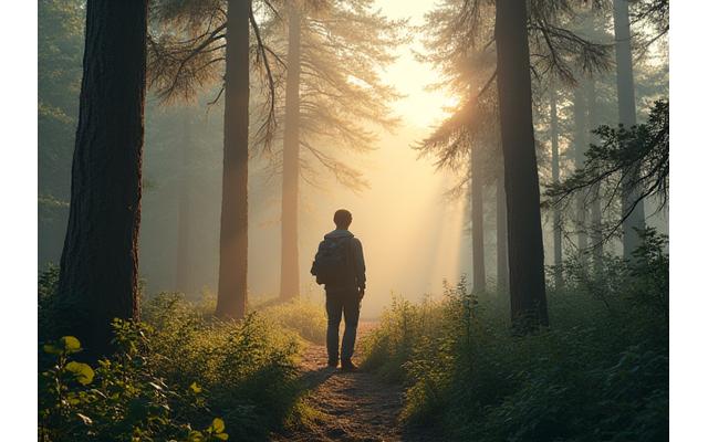 Team member scouting a serene forest location at dawn.